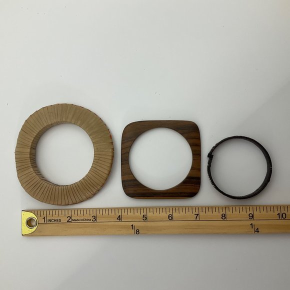Set Lot 3 Handmade Bangles Bracelets Natural Wood and Woven Palm Tree Tribal - Picture 7 of 10